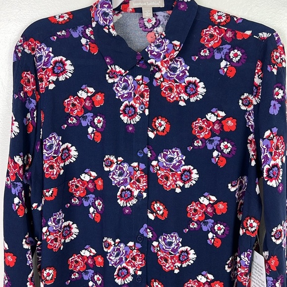 Woman Within New Women’s 14/16 M Button Up Ruched Sleeves Floral Print Tunic - Picture 4 of 9